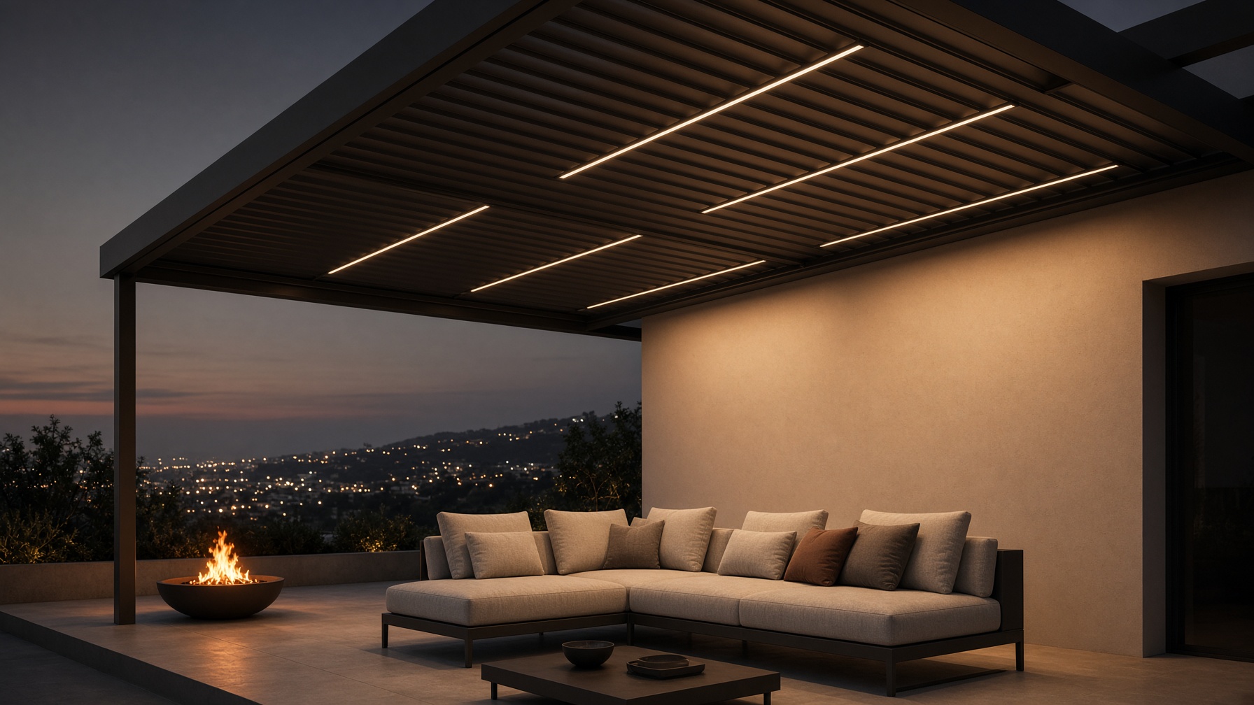 Dusk under a louvered patio cover with warm integrated light
