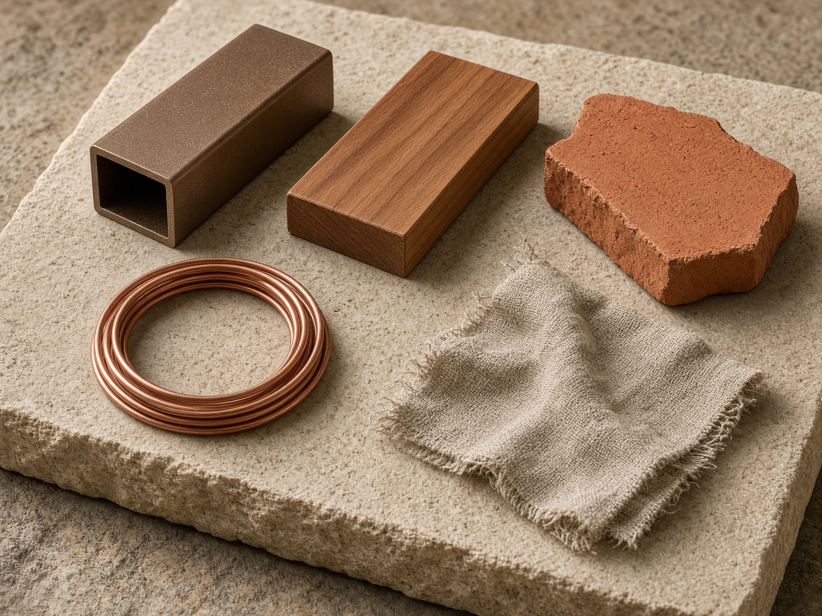 Material samples of bronze aluminum, cedar, terracotta, and linen