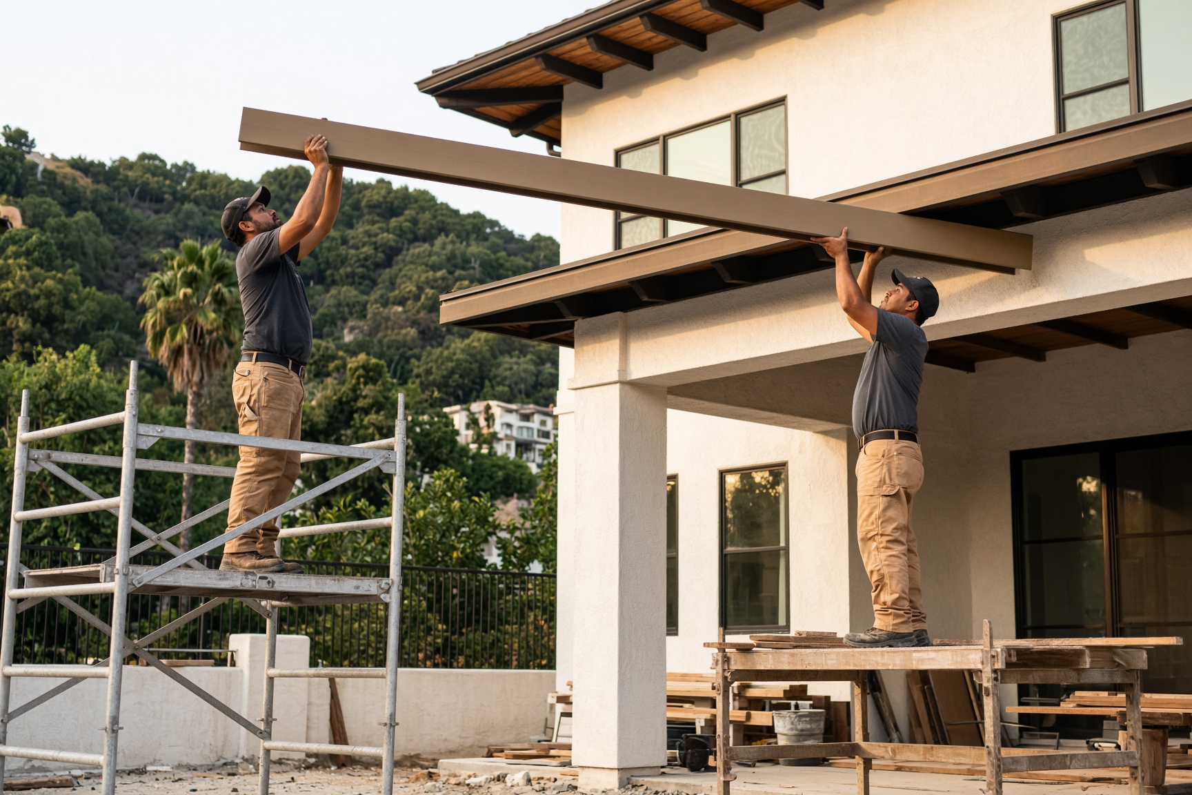 Installers setting a long bronze aluminum beam against a plaster house
