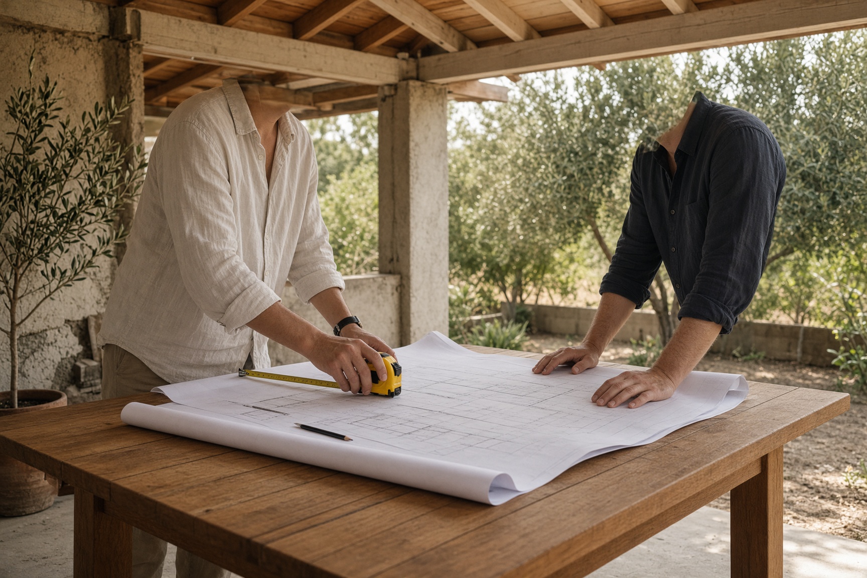 A site meeting with drawings on a teak table under an open structure